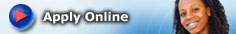 A button for Apply Online with a red right arrow and a photo of a female student on a light blue background with wavy lines