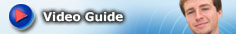 A button for Video Guide with a red right arrow and a photo of a male student on a light blue background with wavy line