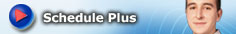 A button for Schedule Plus with a red right arrow and a photo of a male student on a light blue background with wavy line