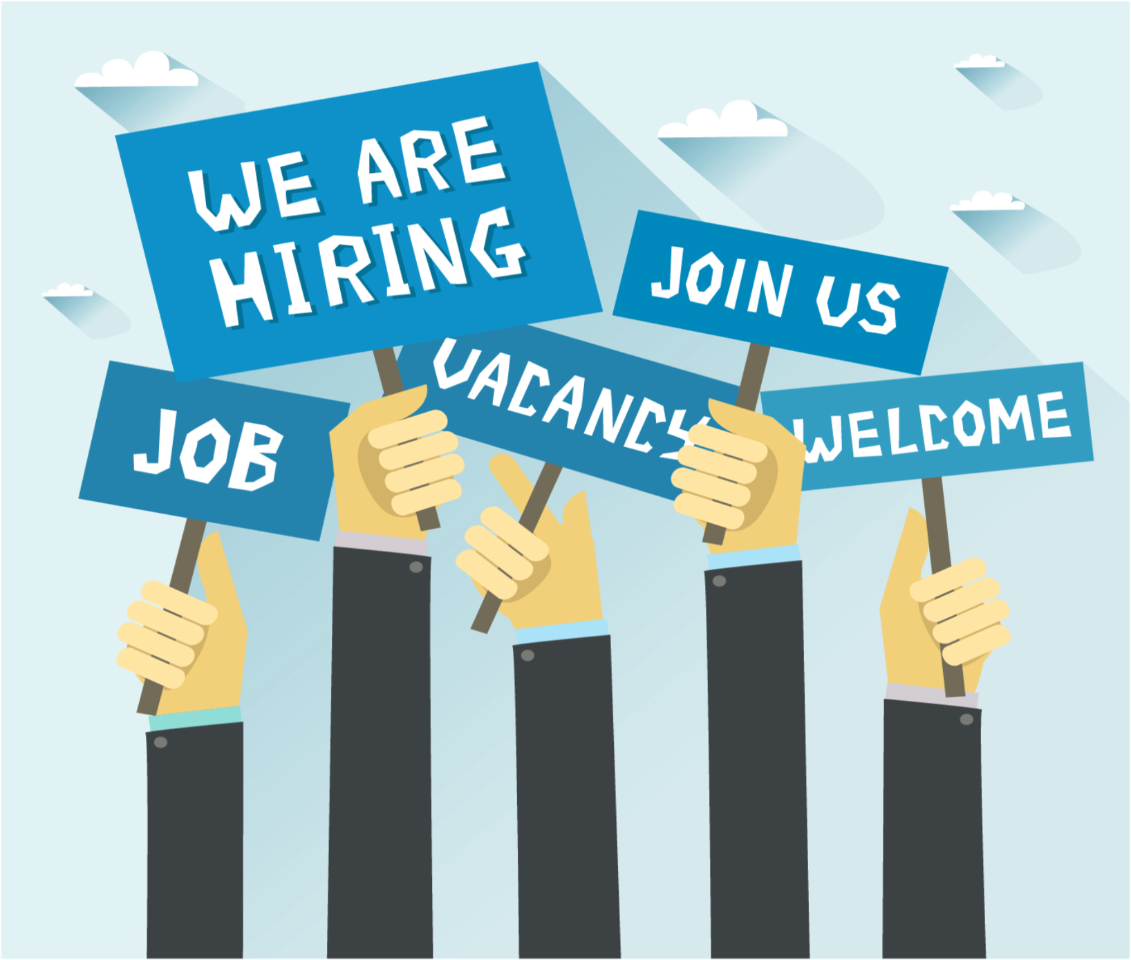 raising hands with signs: Job, We are hiring, Vacancy, join us, welcome