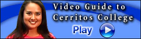 graphic with text that says video guide to cerritos college and a photo of one student looking into the camera with stylized hills in the background