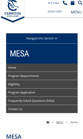 Mobile MESA website after clicking blue bar Navigate this Section
