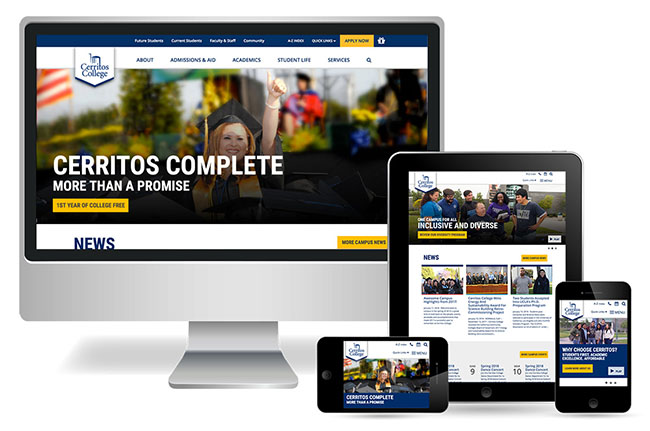 Cerritos College home page displayed on various media devices.