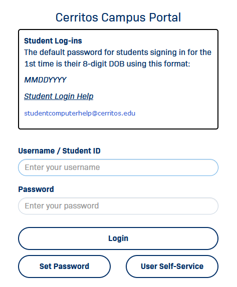 Cerritos College portal log-in panel