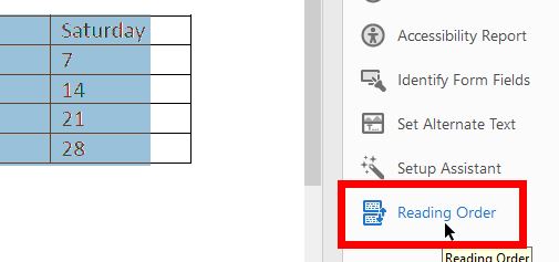 Adobe Acrobat Tools Panel - Reading Order option highlighted