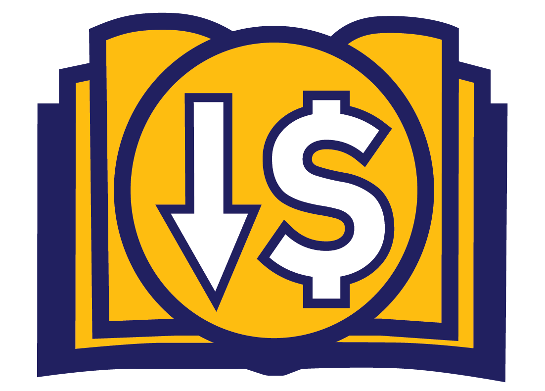 Arrow pointing down next to a dollar sign overlaying a book