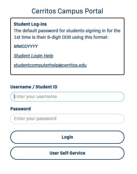 Cerritos Campus Portal login with Username/Student ID and Password fields; default student password is DOB as MMDDYYYY