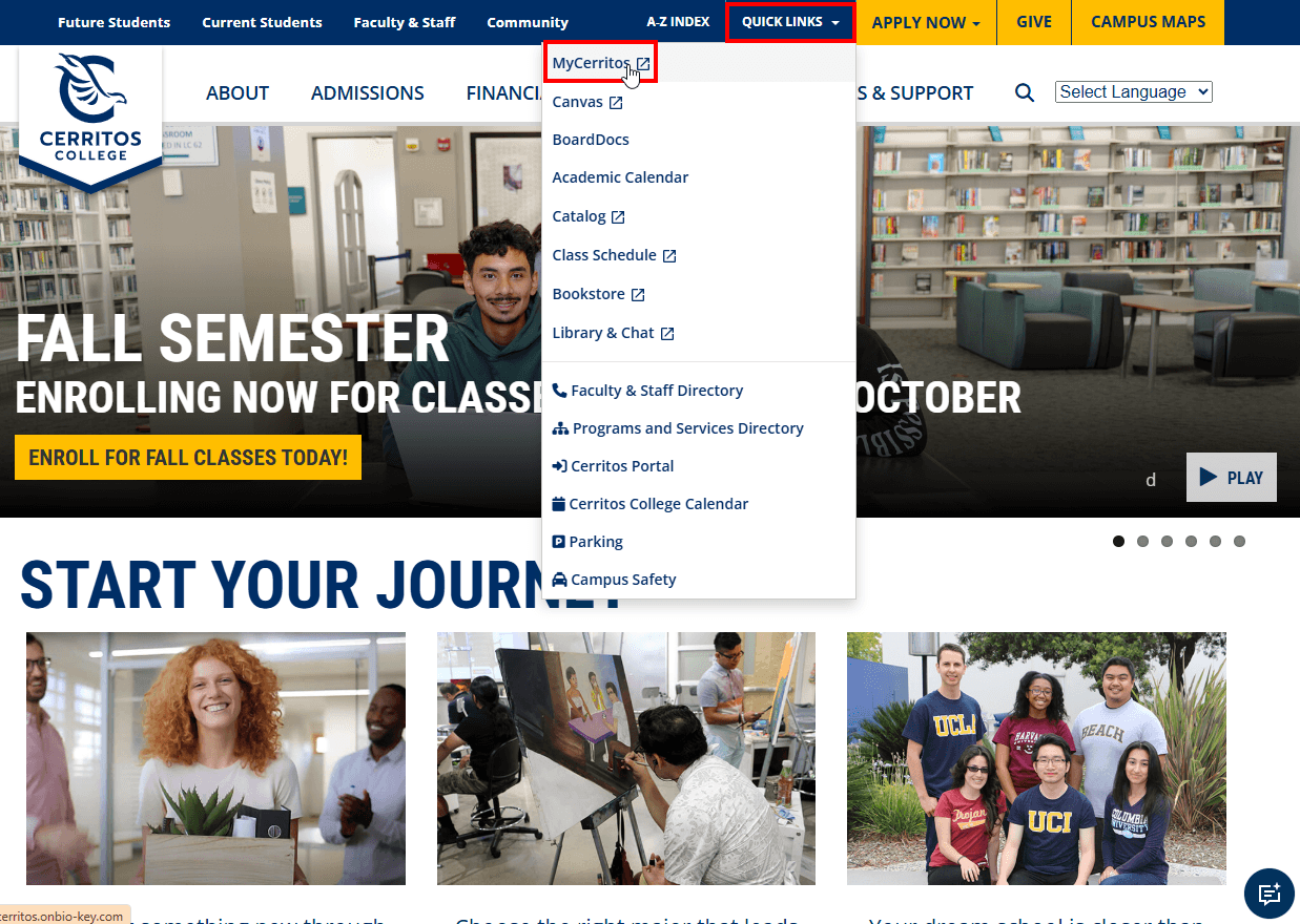 "Cerritos College homepage with Quick Links menu open and the Quick Links button and MyCerritos link outlined in red