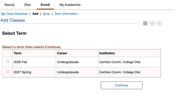 Cerritos College Add Classes page, Select Term step, with radio options for 2026 Fall and 2027 Spring undergraduate terms.