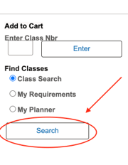 Add to Cart panel; under Find Classes, Class Search is selected and a red arrow and circle highlight the Search button.