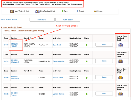 ENGL C1000 search results; red boxes highlight a section link to click for details and the Low or Zero Textbook Cost column.
