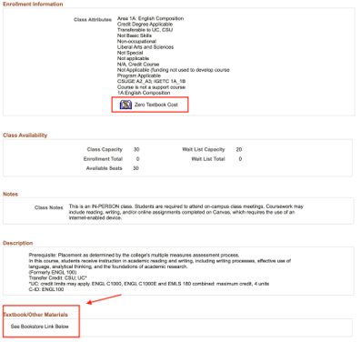 Class Detail page; red boxes highlight the Zero Textbook Cost attribute and the Textbook/Other Materials bookstore note.