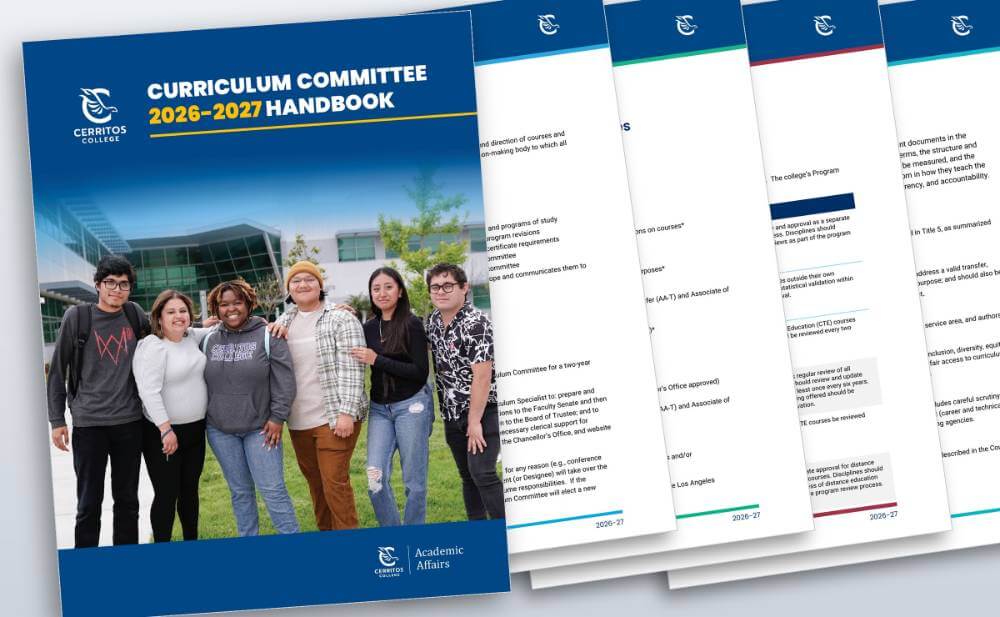 Cerritos College 2026-2027 Curriculum Committee Handbook cover featuring a diverse group of students on campus.