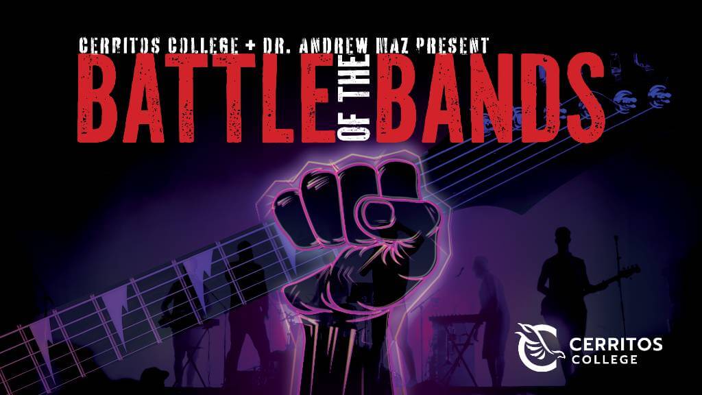 Fist holding a guitar with a band in silhouette