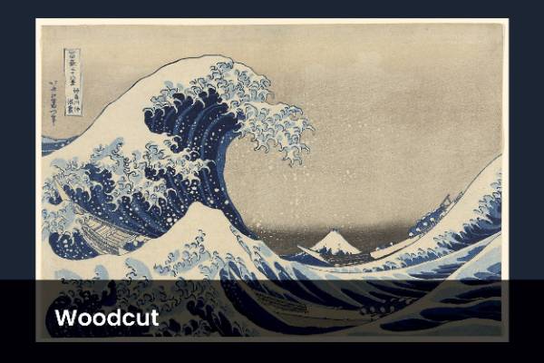 blue and white japanese woodcut wave