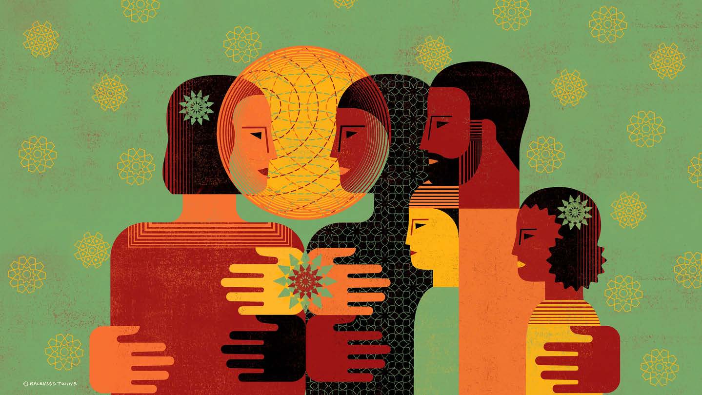 An stylized illustration featuring a diverse group of people of varying ethnicities, skin tones, and ages standing together against a green background patterned with geometric stars. Two central figures face each other, framed by a large orange sun, while multiple stylized hands interlock and embrace them.