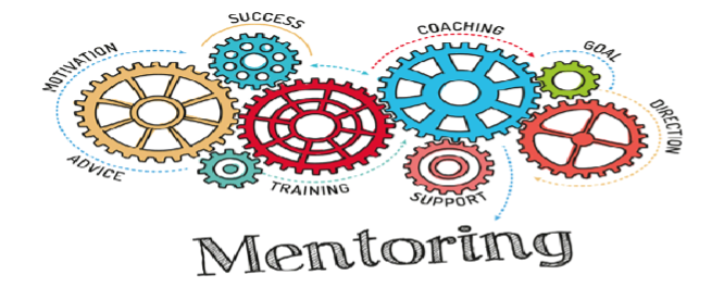 A banner with various color gears above the word "mentoring."
