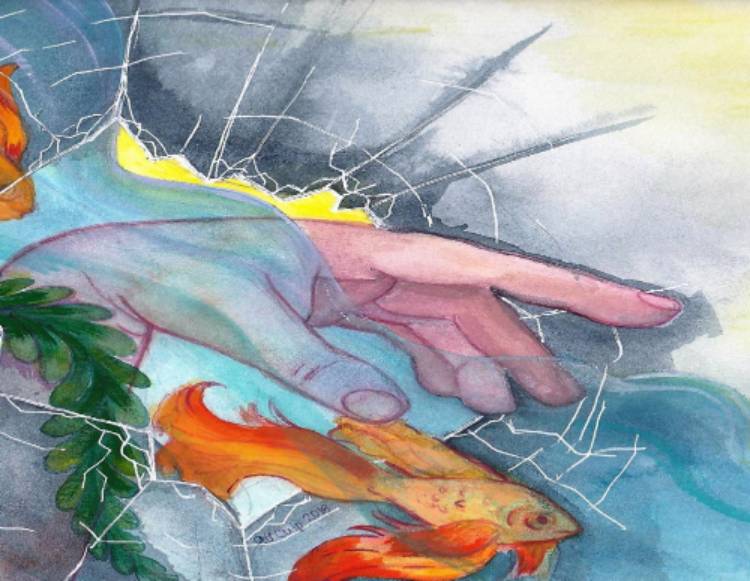 Hand breaking through fishtank