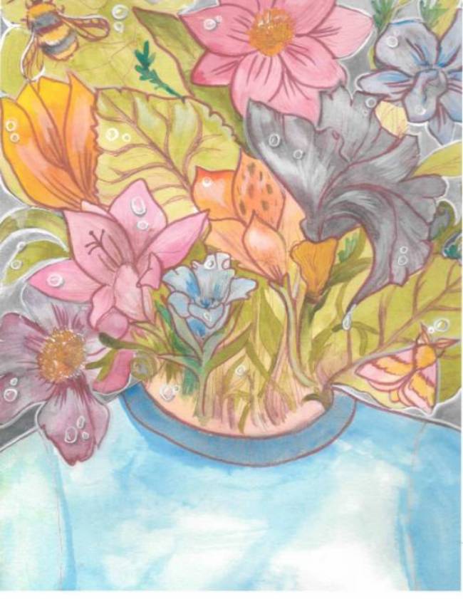 Flowers growing out of a person's neck
