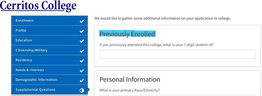 Screenshot of the California Community Colleges application process showing the Supplemental Questions section