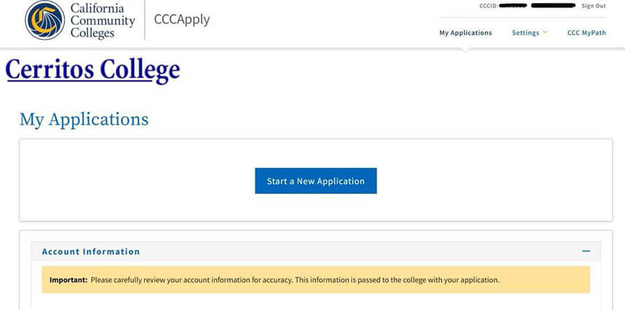 Screenshot of the California Community Colleges page with the Start Application button