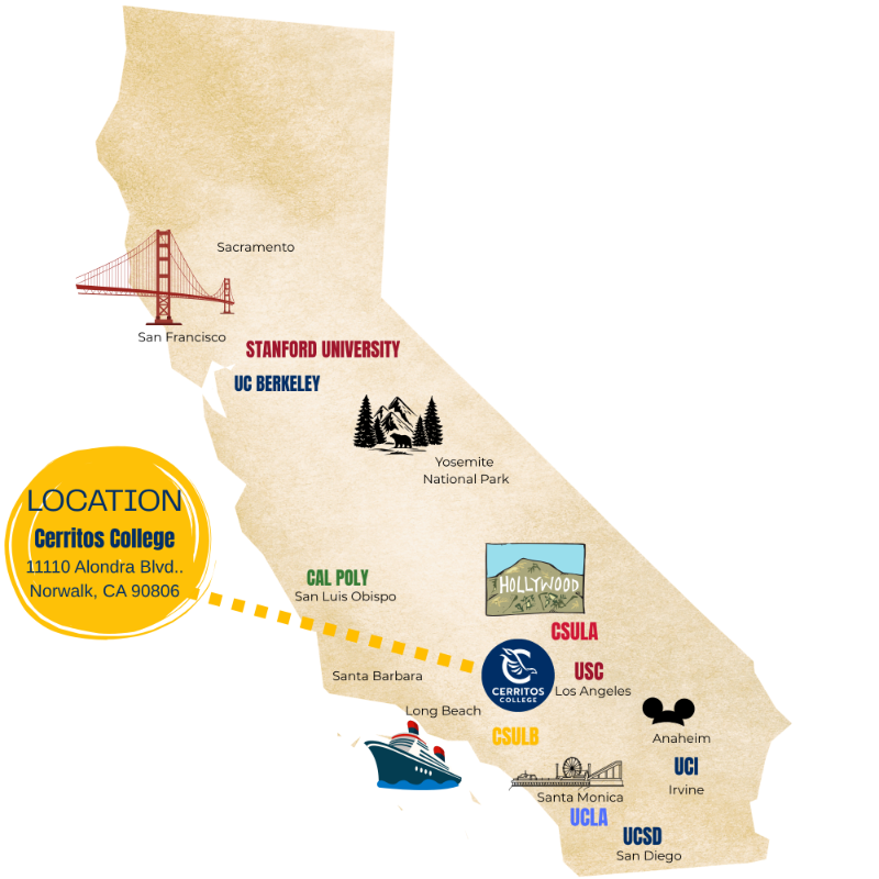 Map of California highlighting the location of Cerritos College in Norwalk alongside major universities and landmarks.
