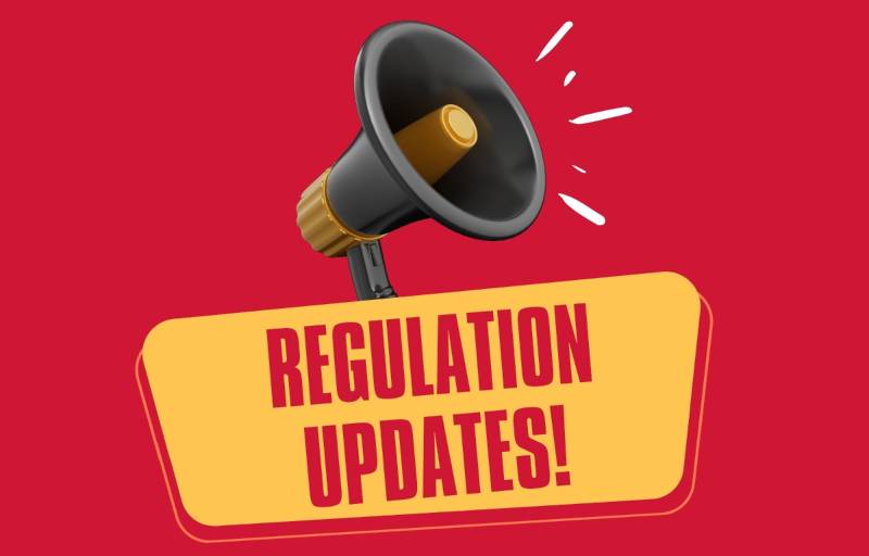Megaphone above a yellow banner reading "REGULATION UPDATES!" on a red background.
