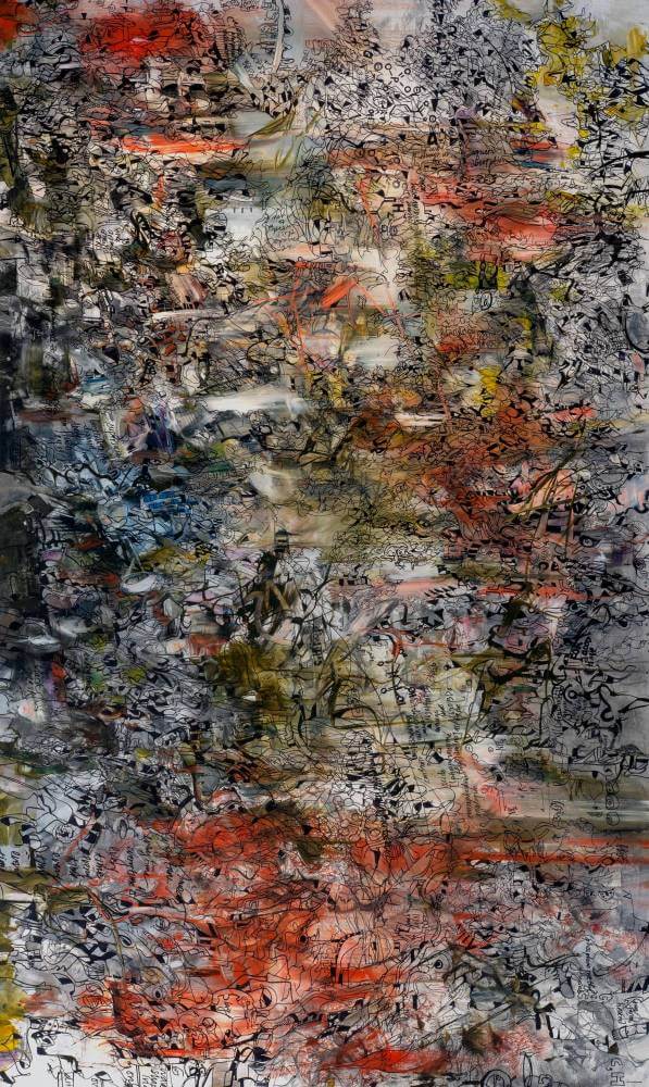 Abstract painting with orange, green, and blue washes.