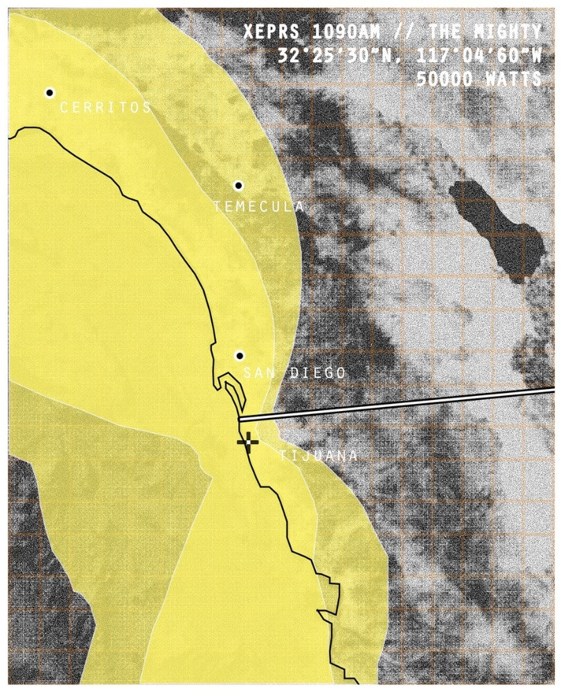 Yellow radius over map of Cerritos, Temecula, San Diego, and Tijuana.