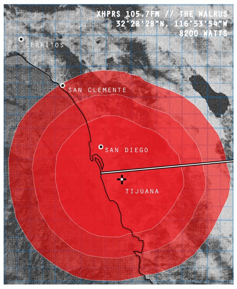 Red radius over map of San Clemente, San Diego, and Tijuana.