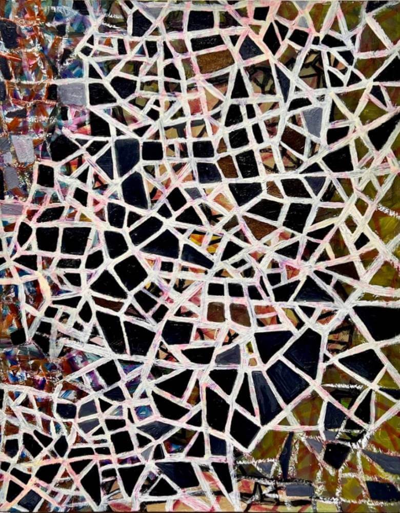 Abstract painting with linear patterns and various muted colors.