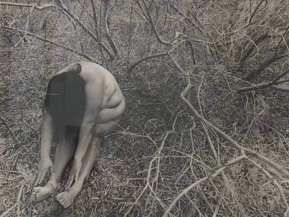 Nude female figure bent over in front of dry bush.