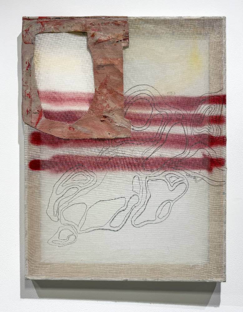 4 lines of red spray paint on top of round-edged organic shapes.