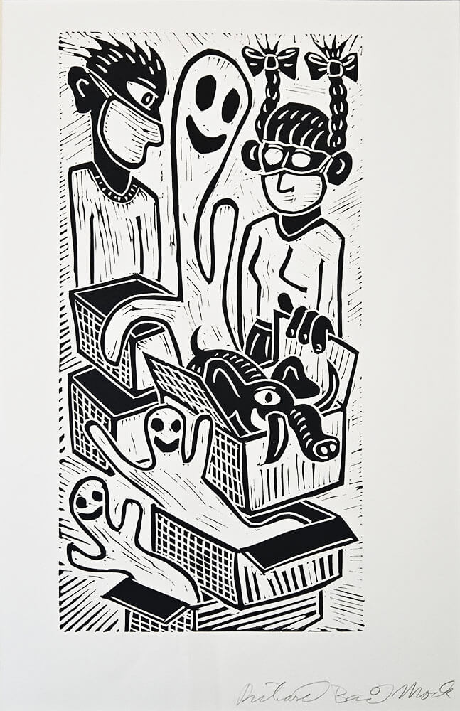 Two human figures standing over open boxes with ghosts and elephant.