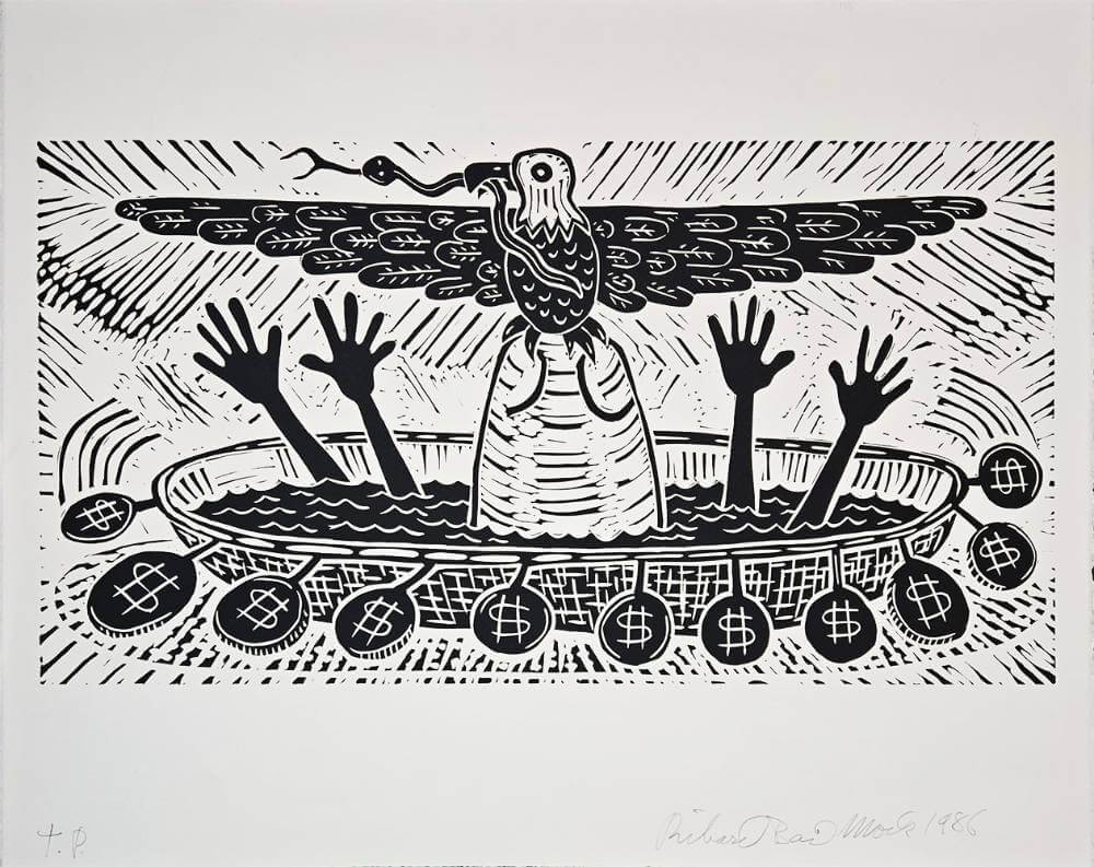 Eagle on rock with snake in beak.