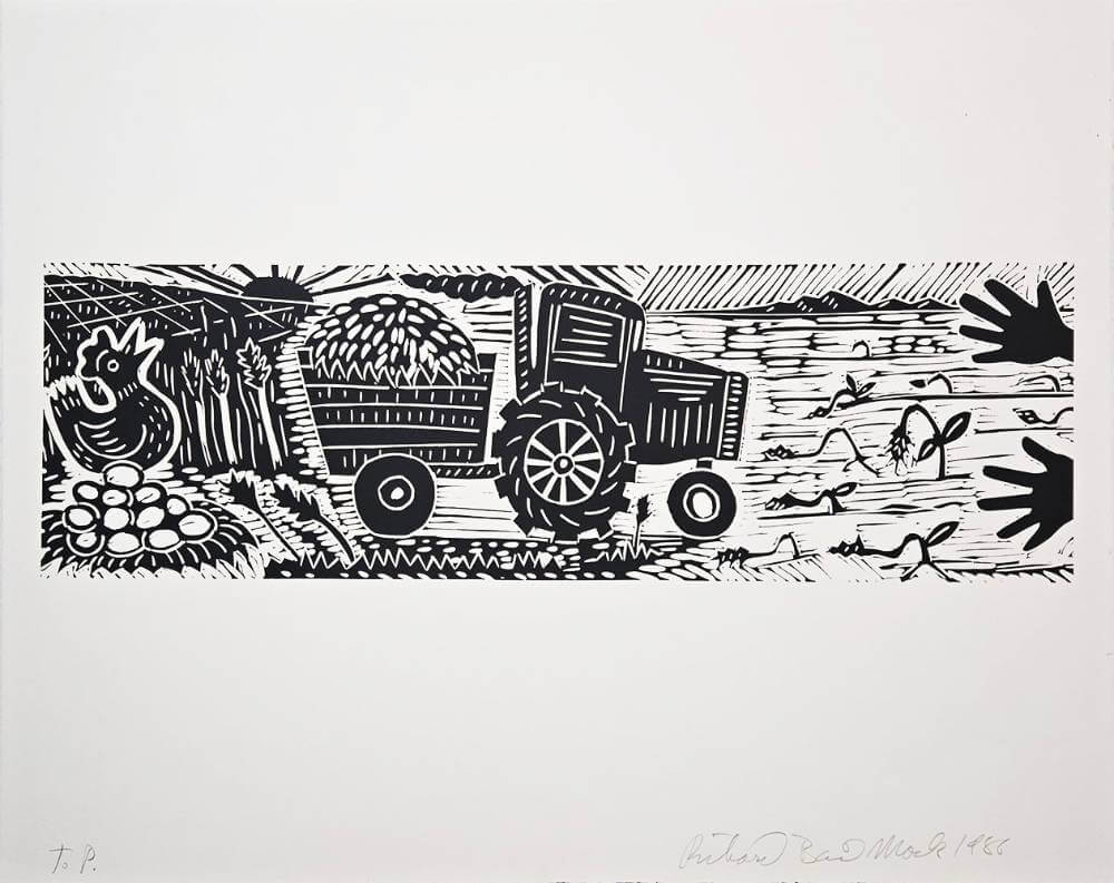 Farm truck on farm land with trunk full of wheat.