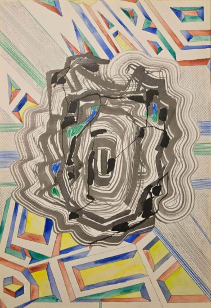 Colorful geometric shapes with text saying Amiable Louise.