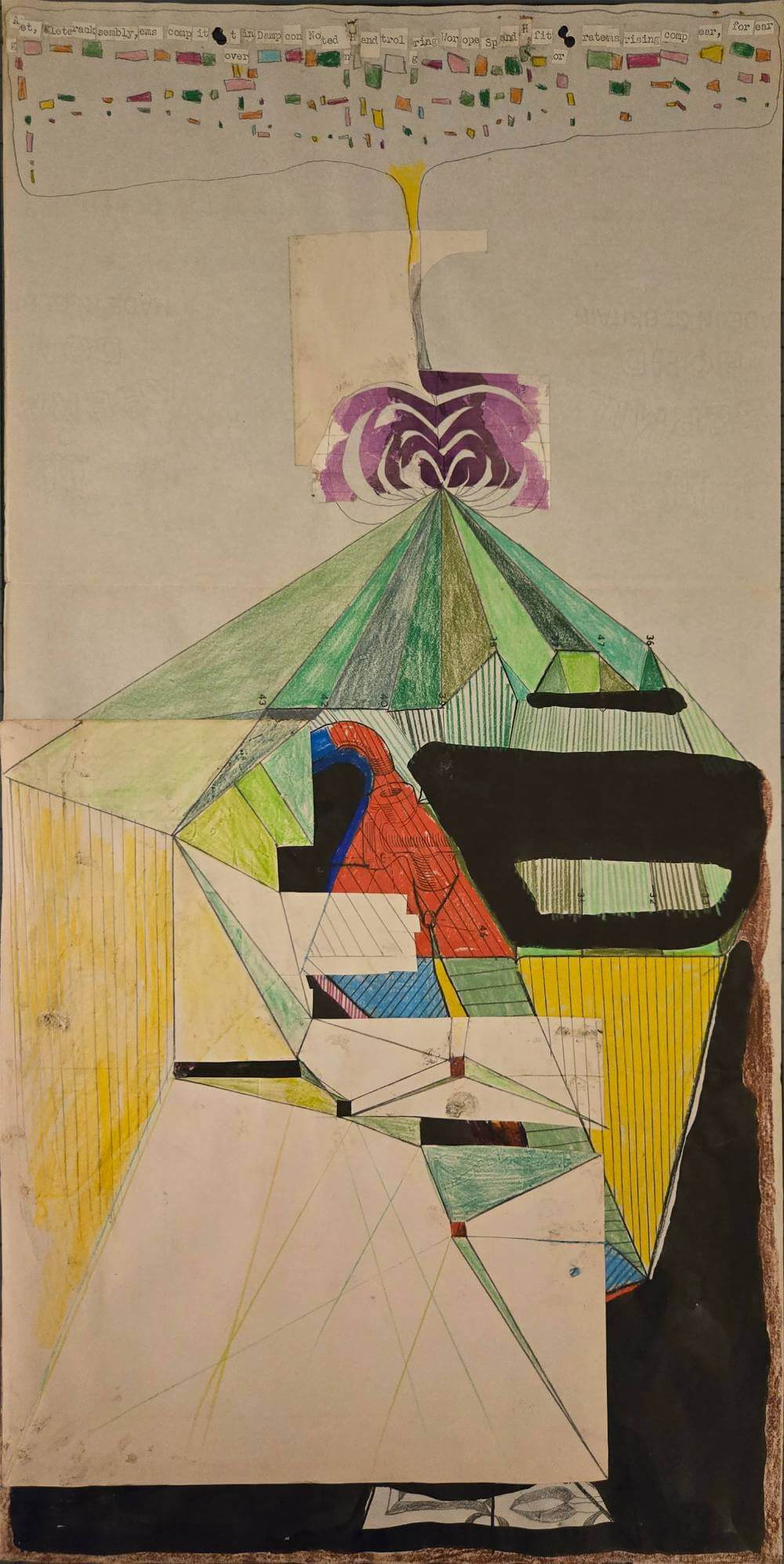 Colorful and abstract geometric shapes with cut-out word collage.