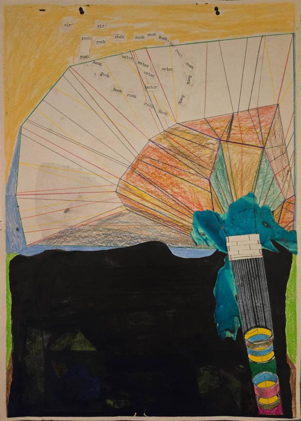 Colorful and abstract geometric shapes with cut-out word collage.