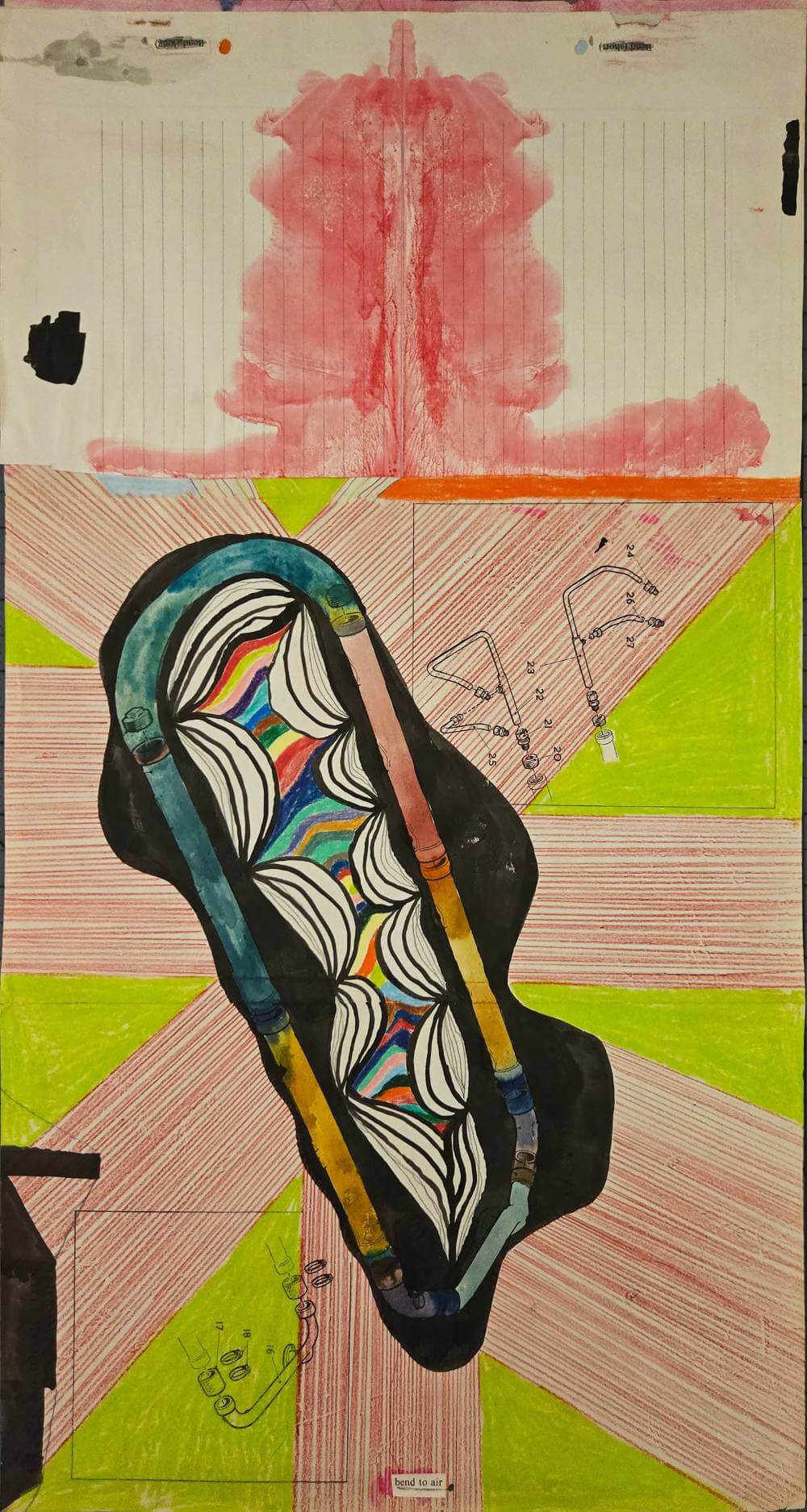 Colorful and abstract geometric shapes with text saying bend to air.