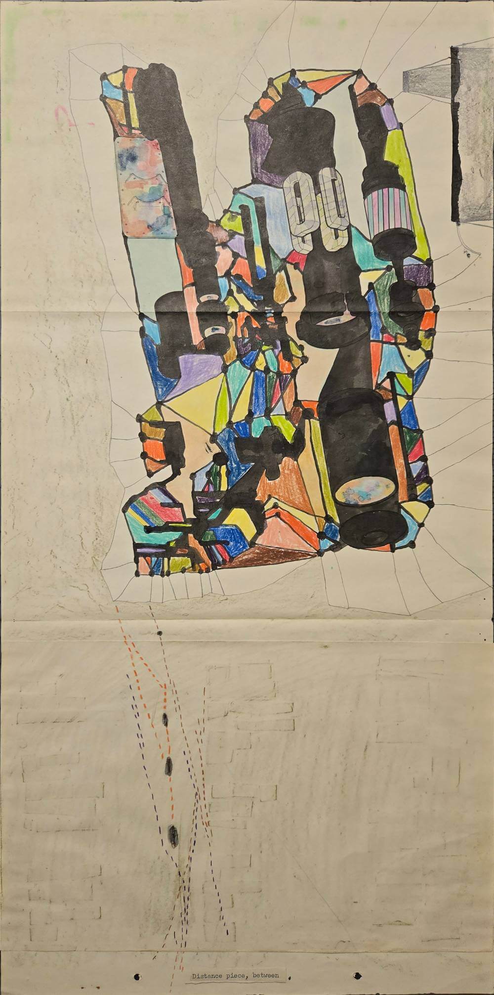 Colorful and abstract geometric shapes with text saying distance piece between.