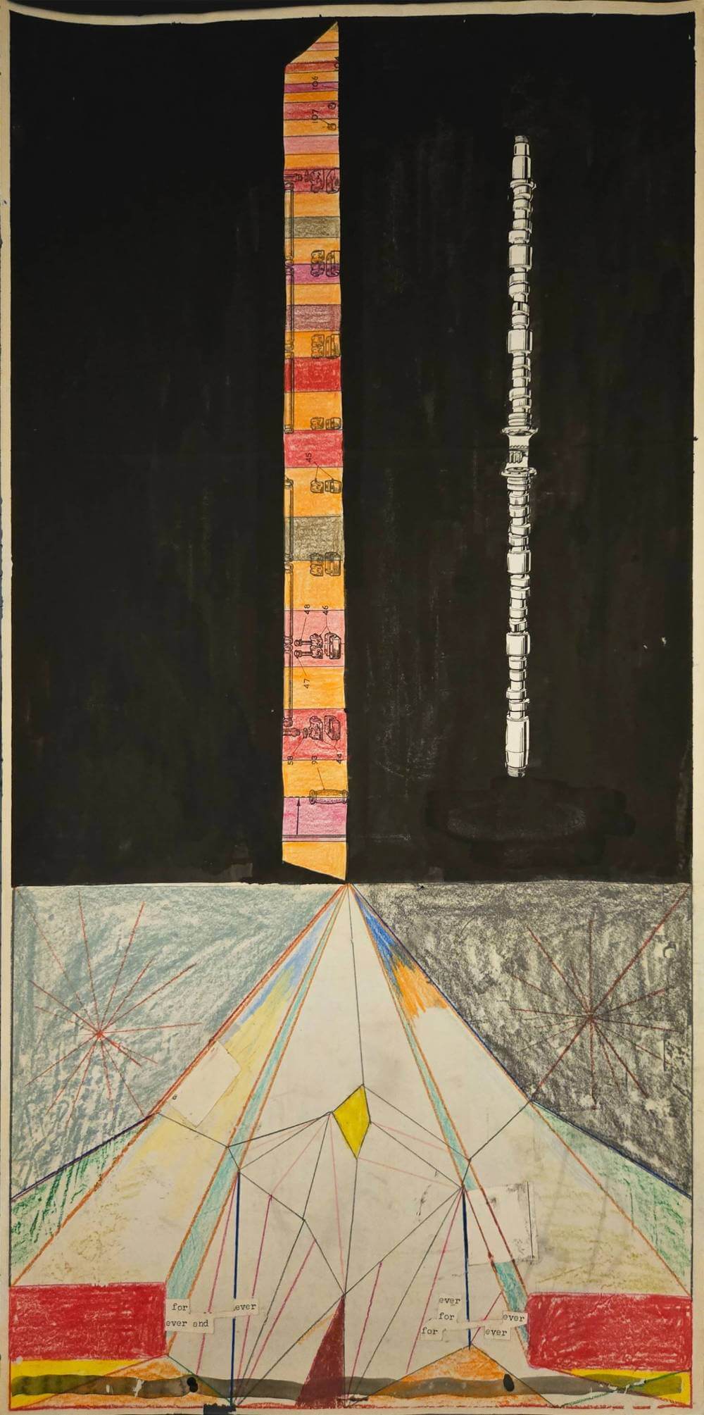 Colorful and abstract geometric shapes with cut-out word collage.