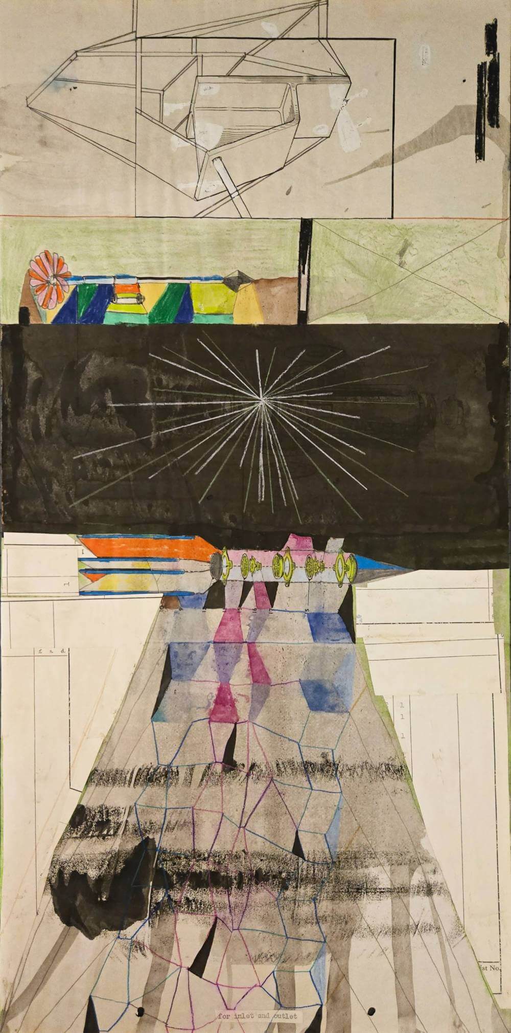 Colorful and abstract geometric shapes with text saying for inlet and outlet.