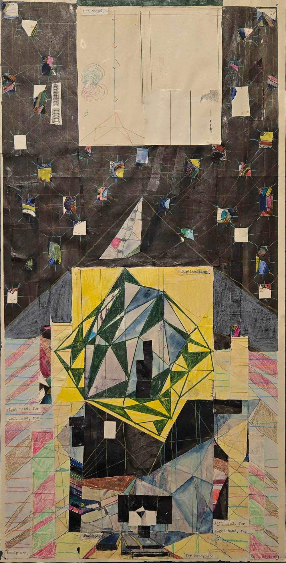 Colorful and abstract geometric shapes with cut-out collage text.