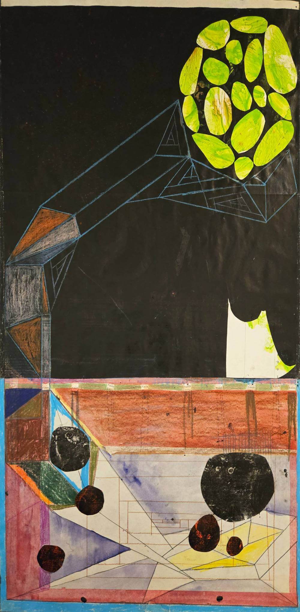 Colorful and abstract geometric shapes with repeated text saying rain.