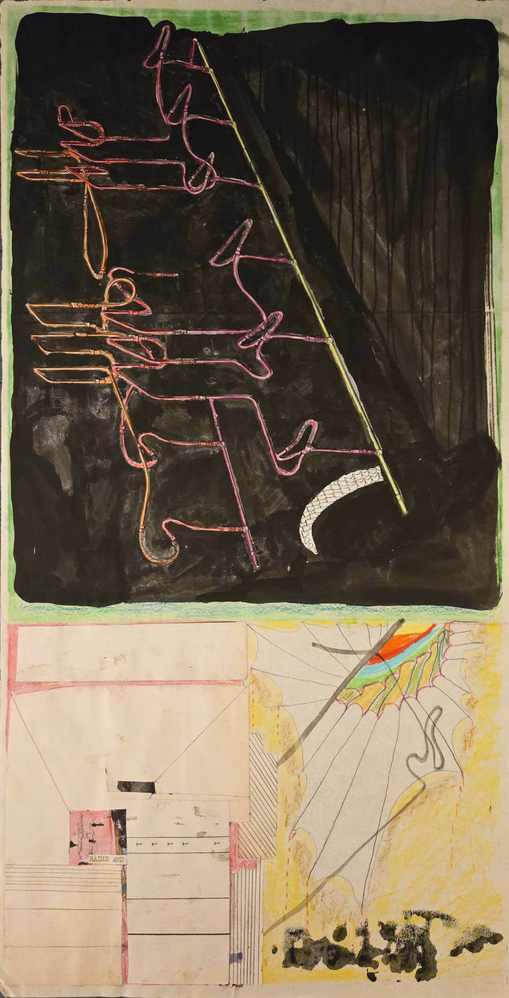 Colorful and abstract geometric shapes with text saying rains and.