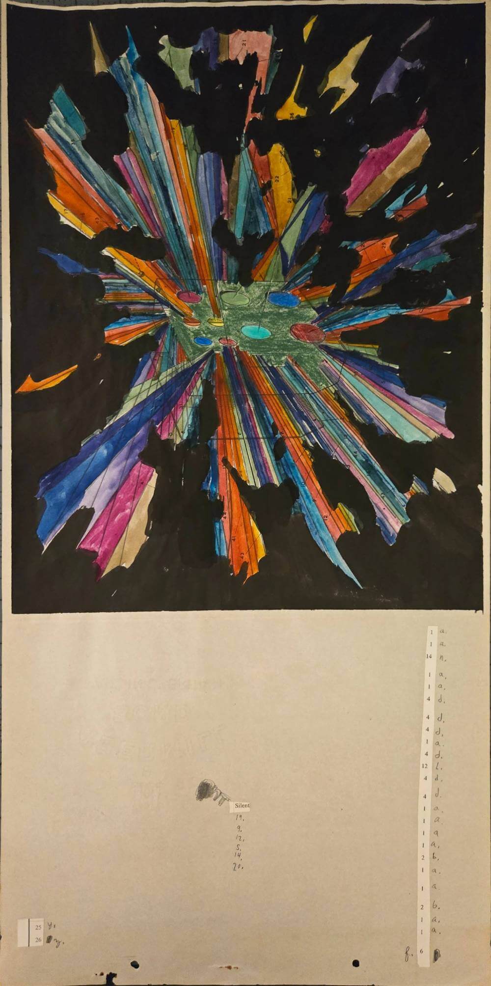 Colorful and abstract shapes with repeating numbers and text saying silent.