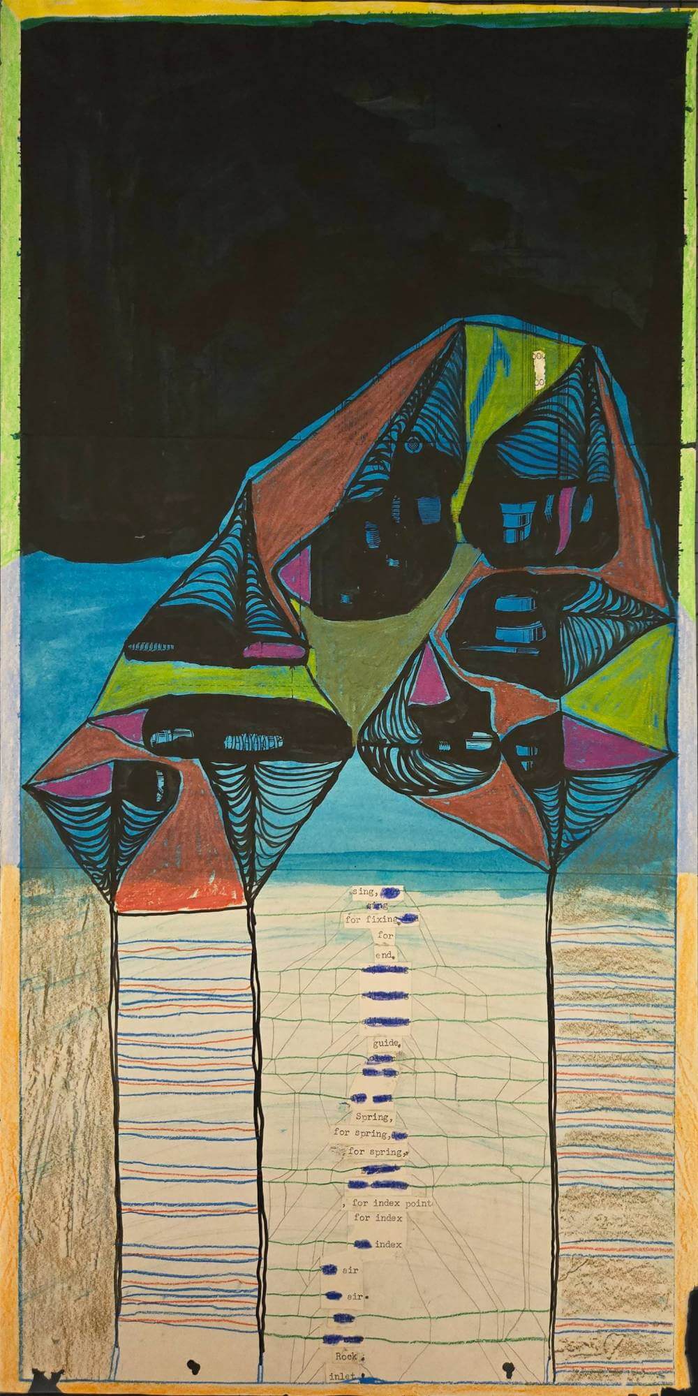 Colorful and abstract geometric shapes with cut-out collage text.