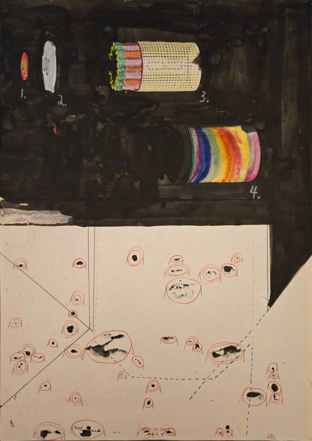 Colorful and abstract geometric shapes with text saying sing to head.