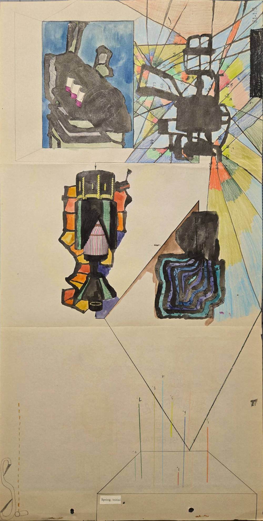 Colorful and abstract geometric shapes with text saying spring intial.